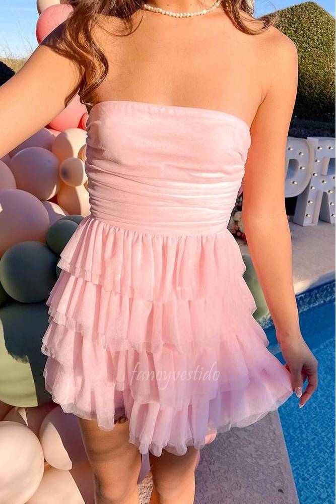 Strapless Pink Ruched Ruffle A-Line Homecoming Dress