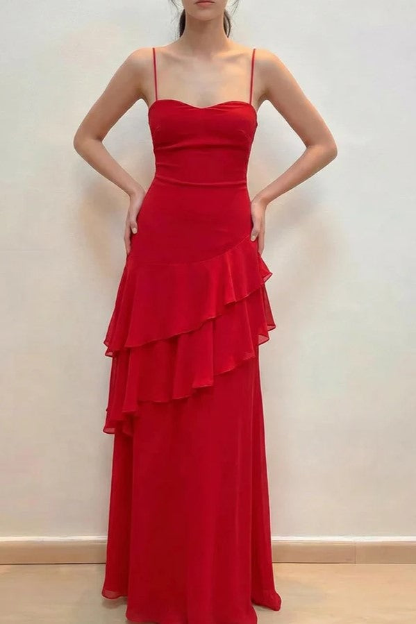 Straps Red Sweetheart Lace-Up Tiered Ruffle Maxi Dress FancyVestido Straps Red Sweetheart Lace-Up Tiered Ruffle Maxi Dress FancyVestido