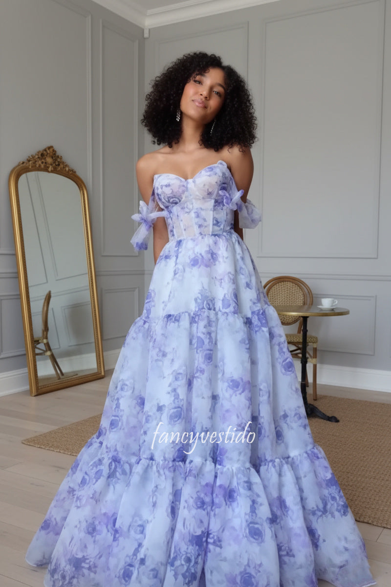 Off the Shoulder Corset Floral Print A-Line Prom Dress