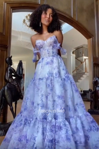 Off the Shoulder Corset Floral Print A-Line Prom Dress