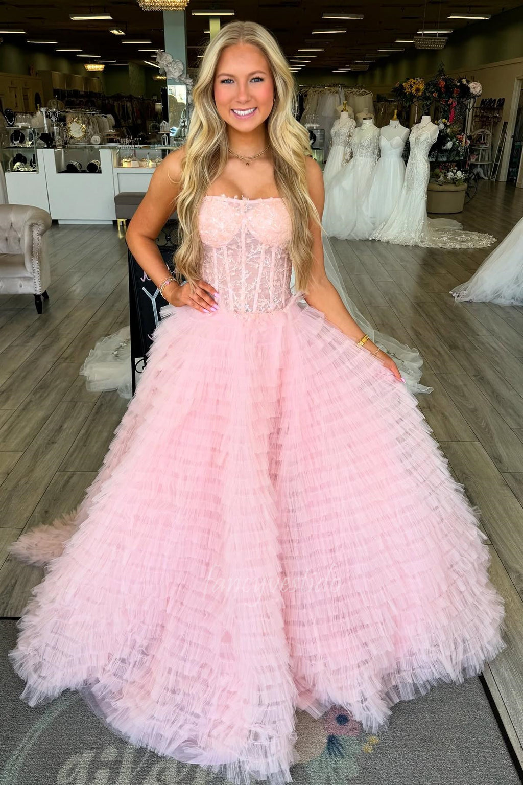 a line princess prom dress Light Blue Lace Prom Dresses Princess V Neck main image 1