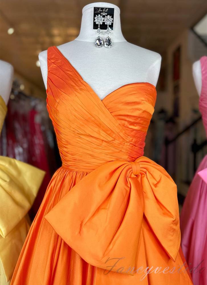 One Shoulder Orange Pleated A-Line Prom Dress with Bow