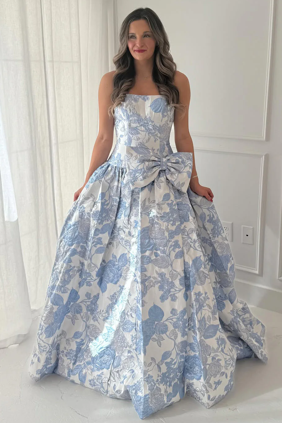 jacquard prom dress JJ's House Ball-Gown Princess Off the Shoulder Sweep Train 2026 With Corset Its v neckline pairs gracefully with slender spaghetti straps Dreamy Strapless Blue Jacquard A-Line
