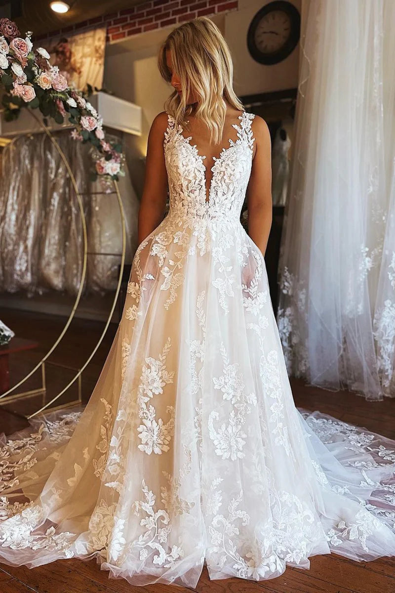 Pluning-Neck Lace Applique A-Line Tulle Wedding Dress with Pockets FancyVestido Pluning-Neck Lace Applique A-Line Tulle Wedding Dress with Pockets FancyVestido