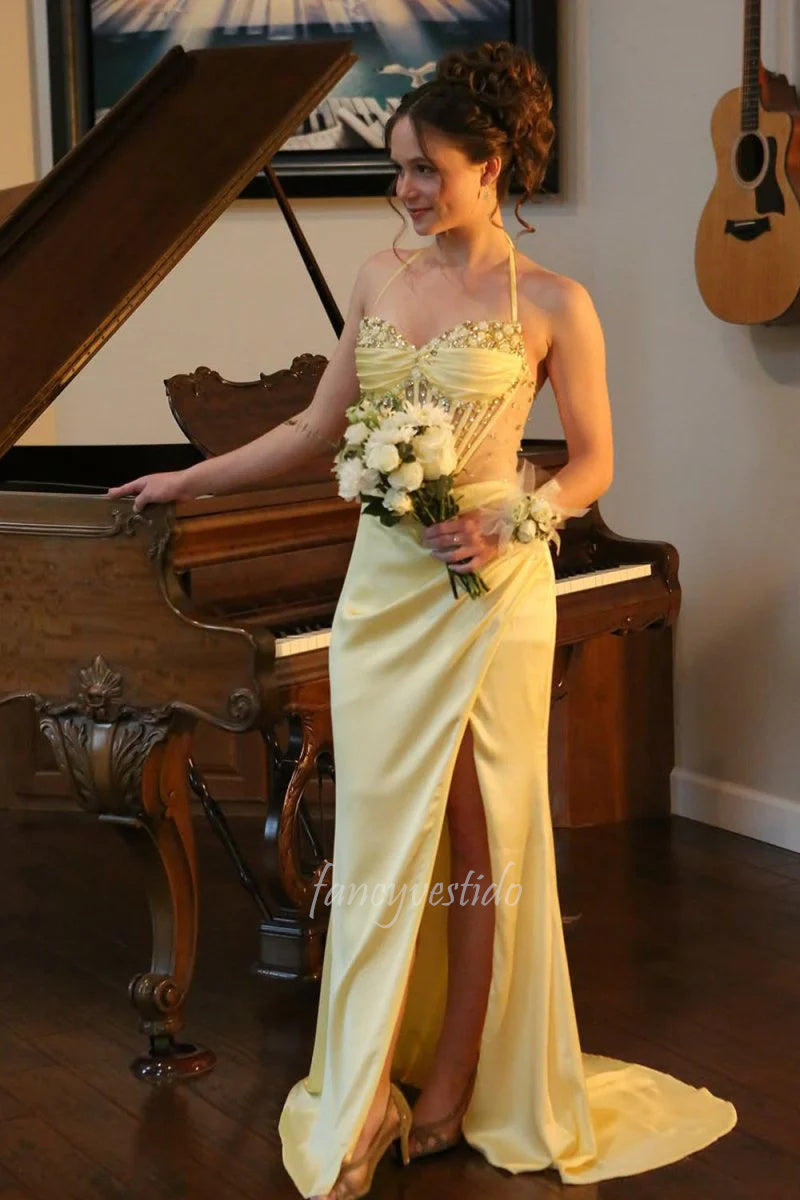 Elegant Yellow Halter Corset Boned Prom Dress with Beaded – FancyVestido