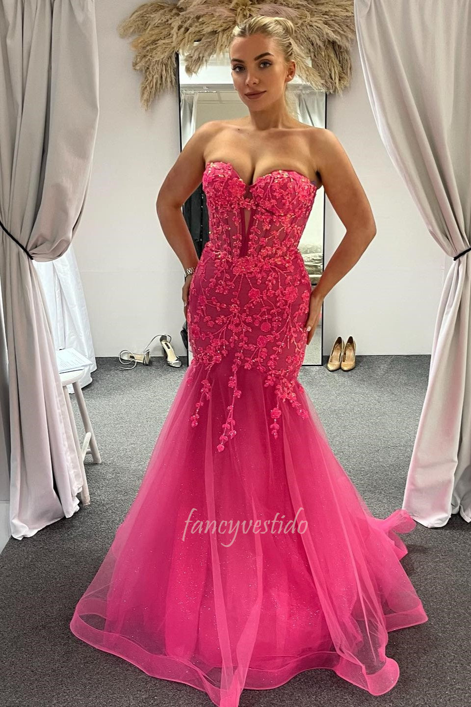 Hot Pink Sweetheart Mermaid Prom Dress with 3D Floral Applique   FancyVestido