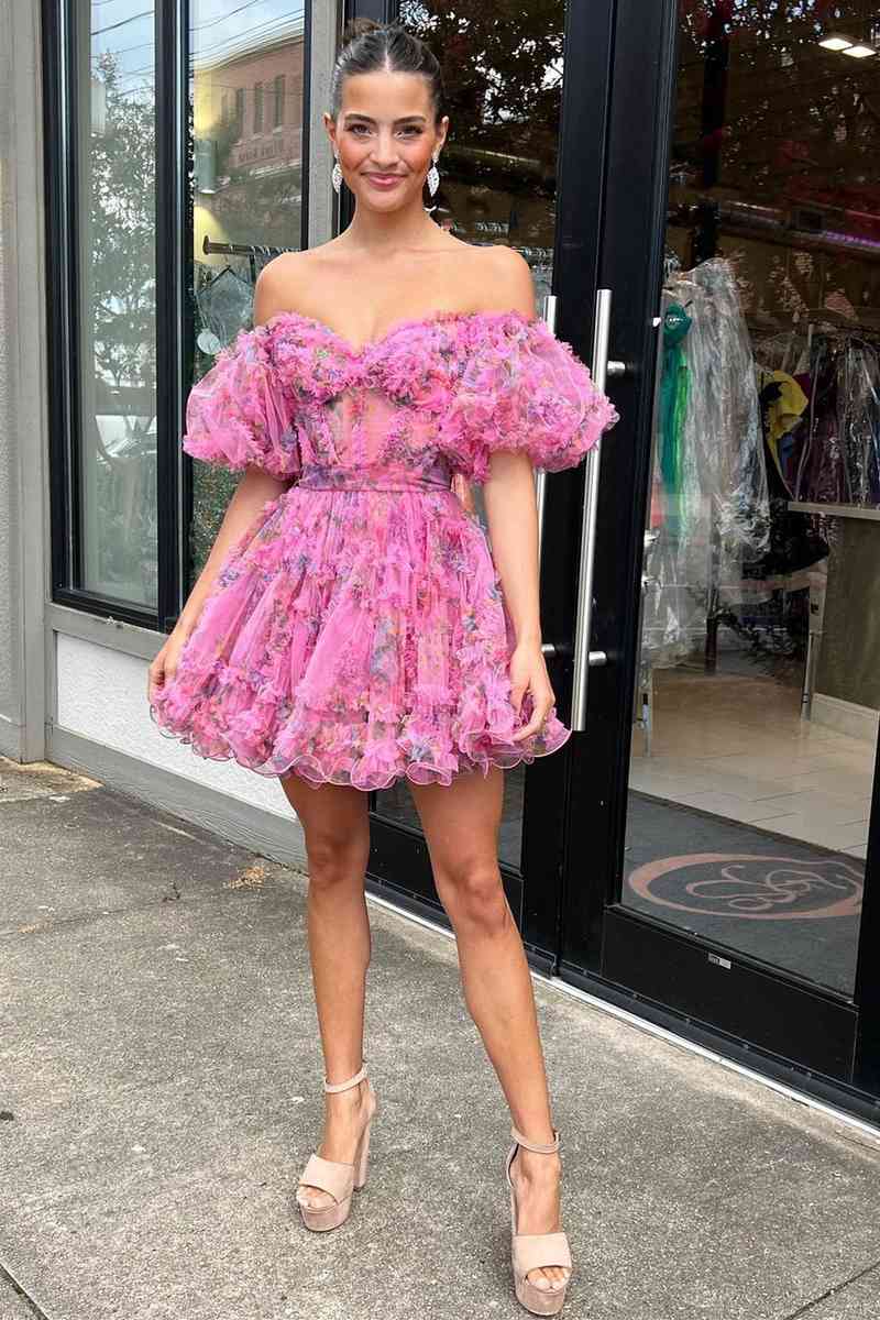 homecoming women's hot pink short strapless dress with Floral Beading / 2 Measure Method Closure Pink Strapless Formal Dresses Short
