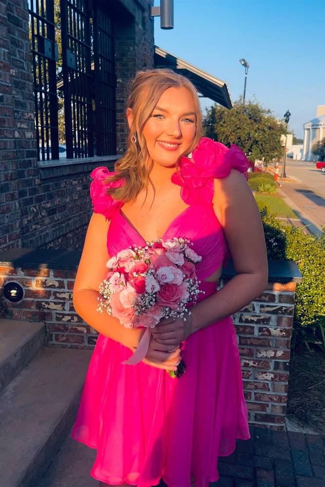 hot pink v-neck pleated short homecoming dress full front shot