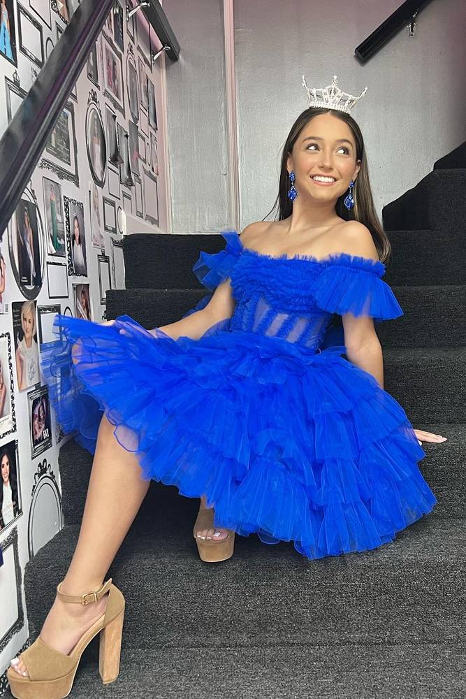 off the shoulder royal blue a-line ruffle dress front short