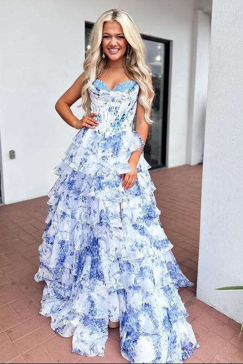 Sweetheart Blue Floral Print Ruffle Prom Dress with Slit
