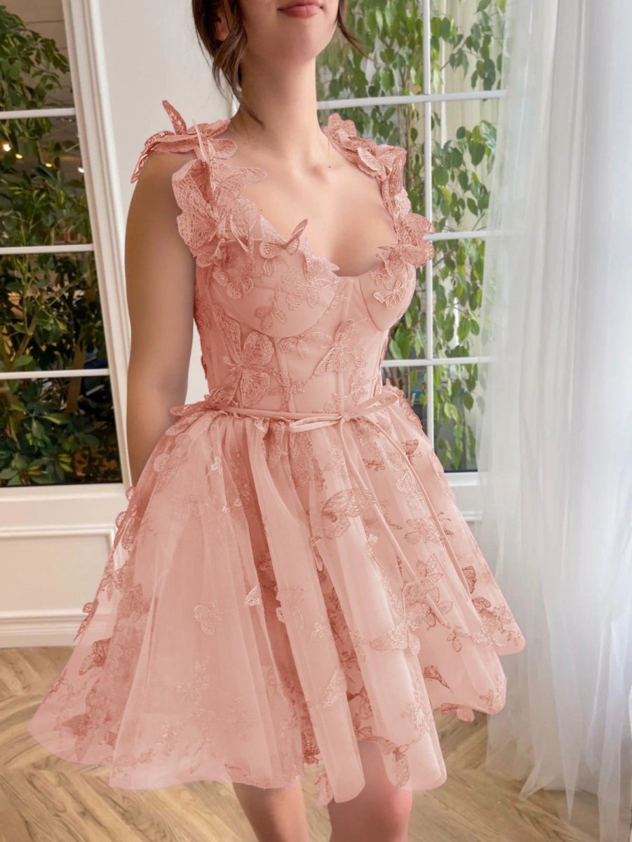 Straps Lilac Corset A-Line Prom Dress with 3D Butterfly