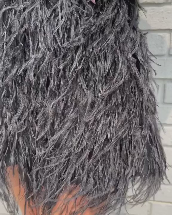 Black Halter Beaded Homecoming Dress with Feathers Video