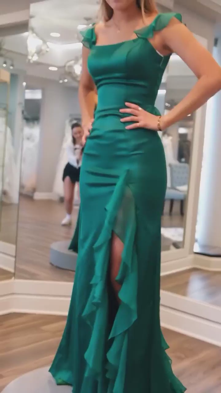 Emerald Green Square Neck Ruffle Slit Prom Dress Video