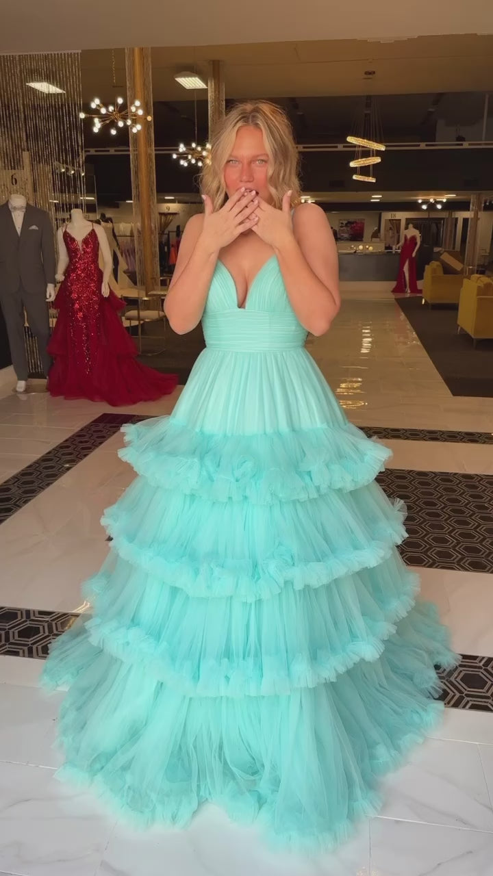 Straps Red Corset Tiered Tulle Long Formal Dress Spa Blue Video