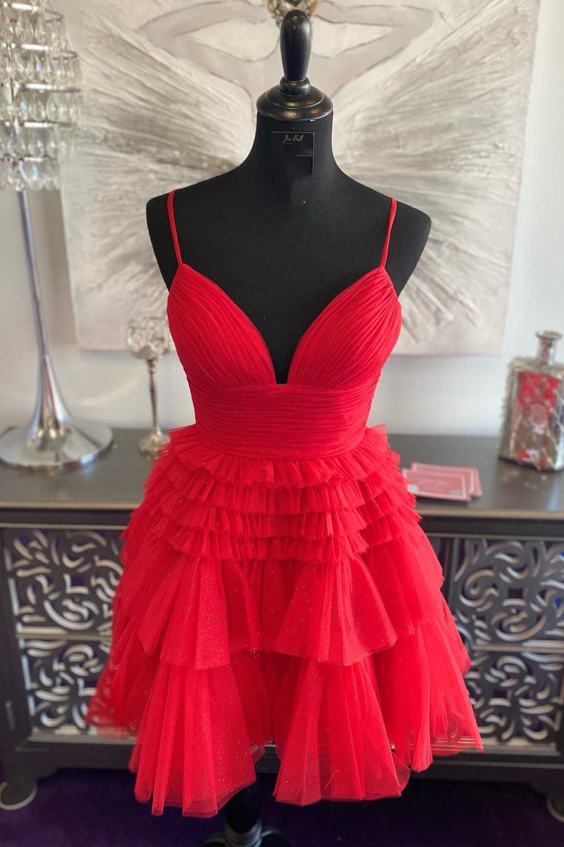 straps a-line red short homecoming dress front short