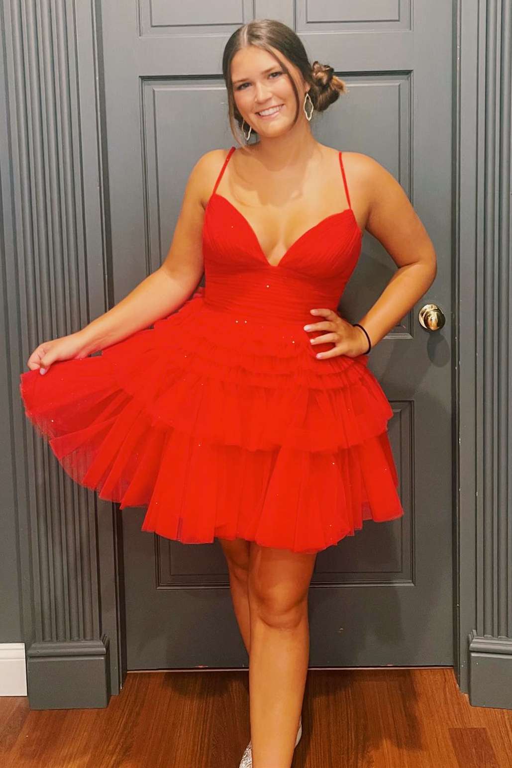 straps a-line red short homecoming dress full front short