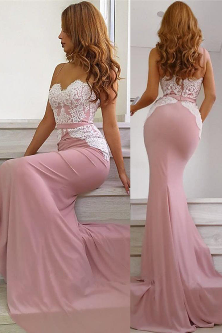 Mermaid Spaghetti Straps Long Pink Bridesmaid Dress with Lace