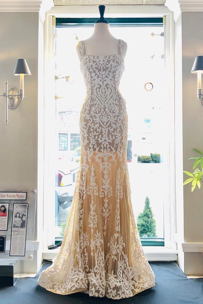 Straps Mermaid Appliques Long Prom Dress