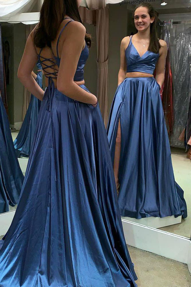 Two Piece Lace-up Back Long Blue Prom Dress with Pockets
