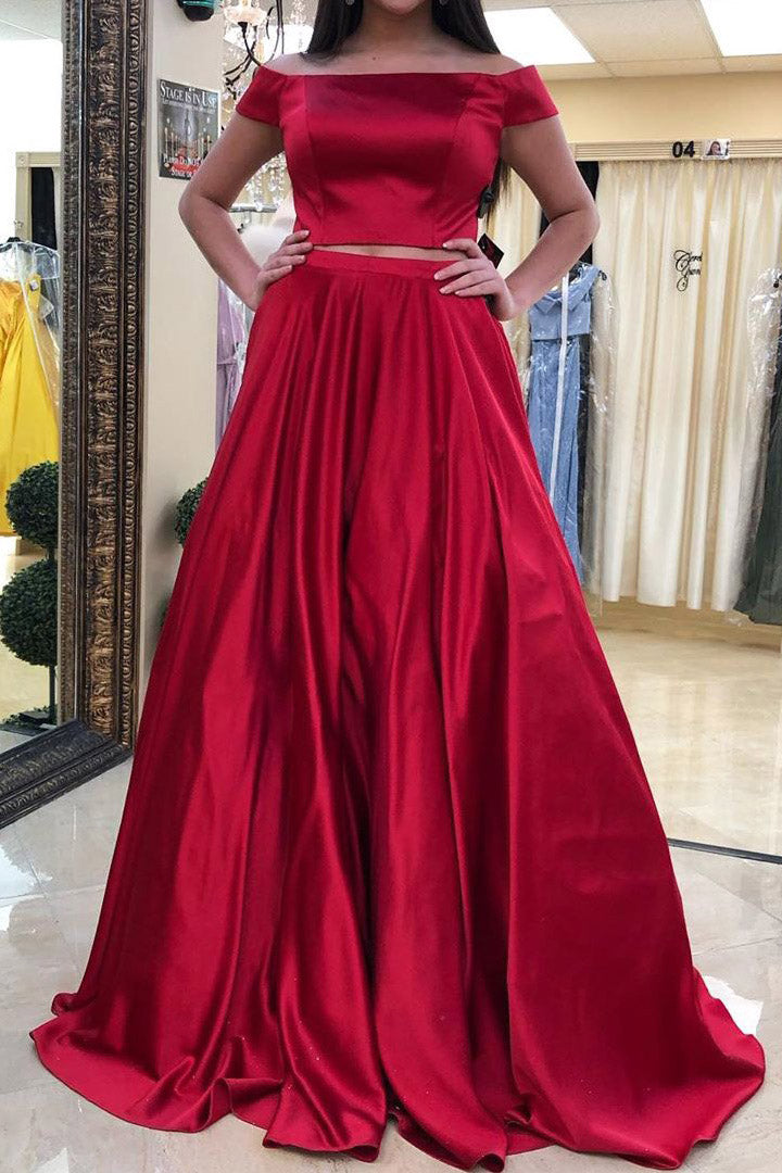 Two Piece Off the Shoulder Long Red Prom Dress