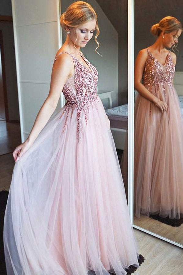 Sparkly Pink Long Prom Dress with Beaded Top