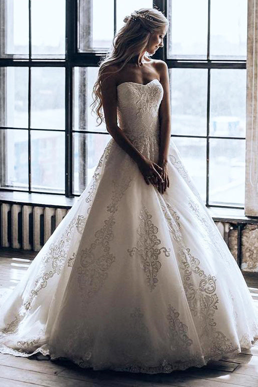 Long Strapless A-line Ivory Wedding Dress with Appliques