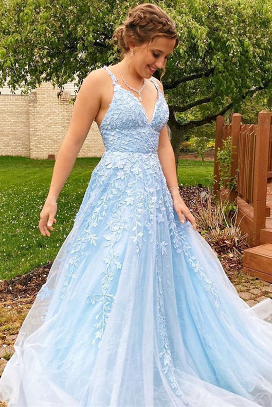 Elegant A-line Long Baby Blue Straps V-Neck Lace Prom Dress