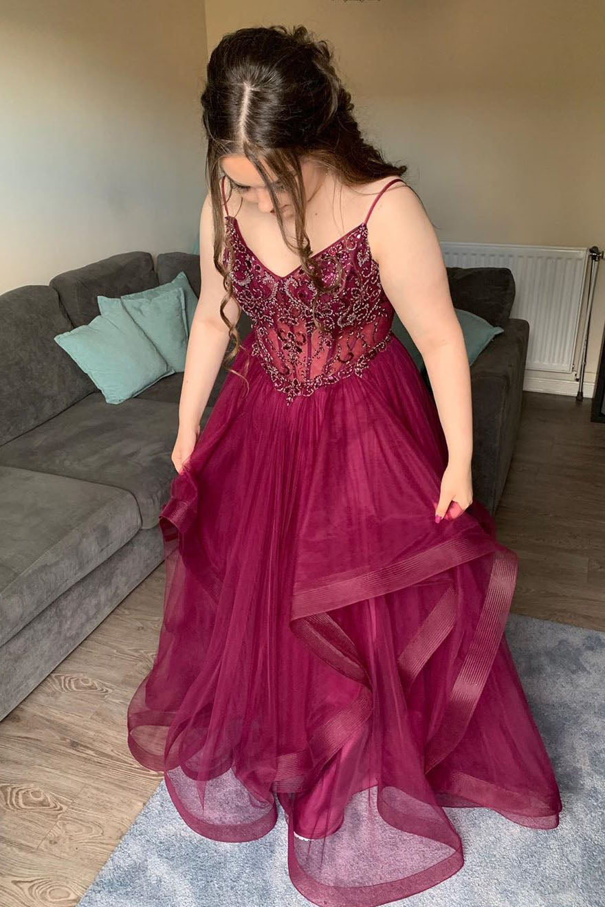 Elegant Spaghetti Straps Beaded Burgundy Long Prom Dress with Ruffles   FancyVestido