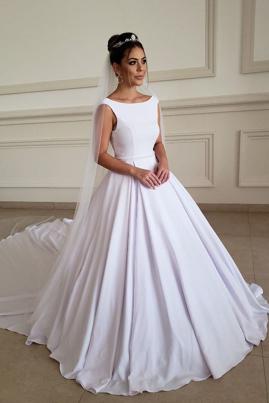 satin boat neck wedding dress Sheath Boat Neck Silk Satin Rustic Long Weddingl Dress Bridal Gown Pgmdress