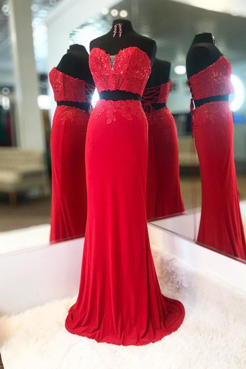 red two piece lace dress Elegant Sweetheart Beaded Prom with Lace-up Back jewelled lace detailing Size:8/40 Graceful A-line Off Shoulder sweetheart neck wedding gown