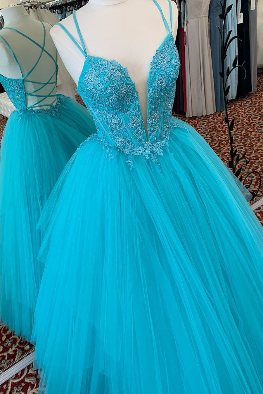 Elegant Straps Criss Cross Back Sky Blue Long Prom Dress with Lace Appliques