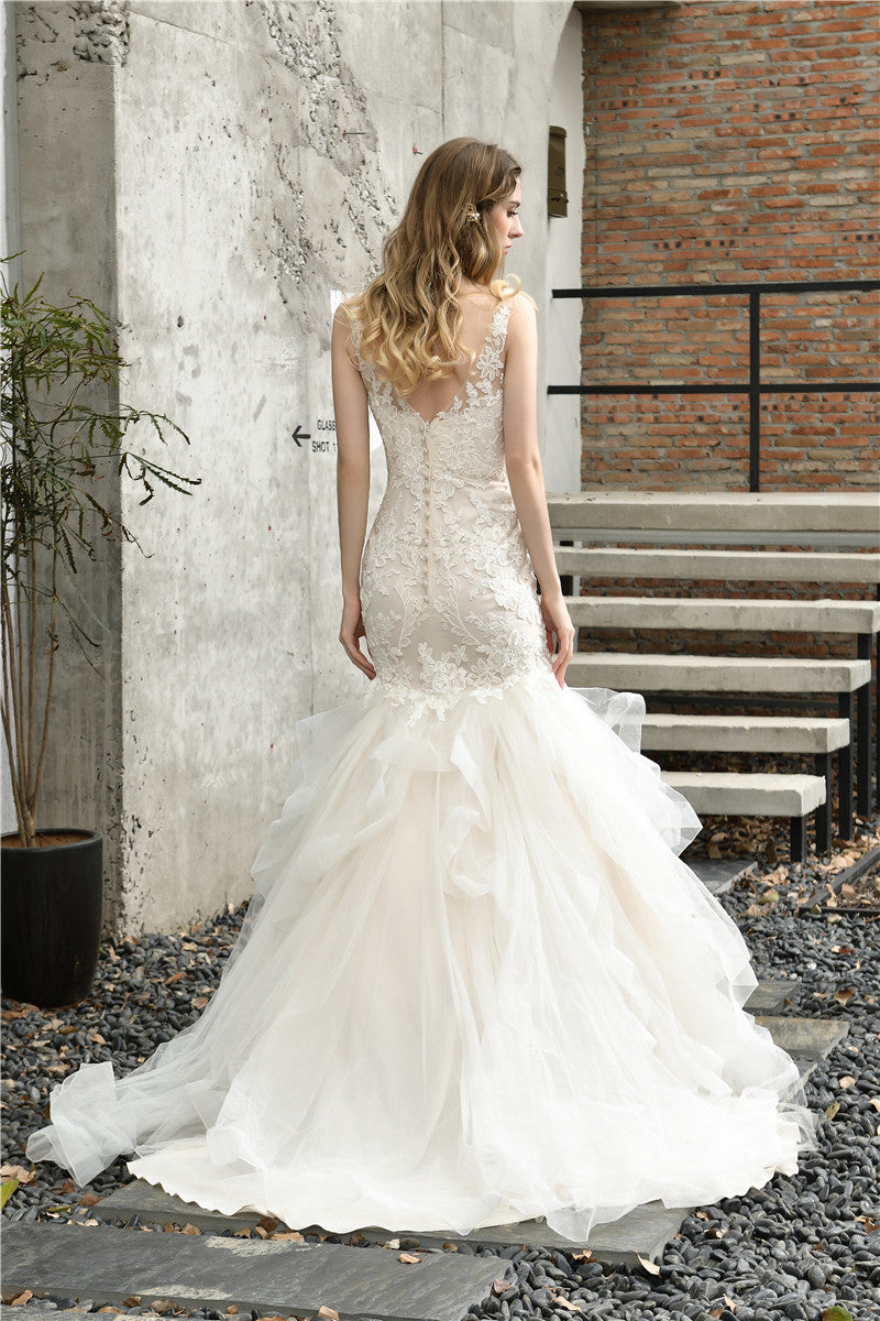 Princess Mermaid Ivory Wedding Dress with Cascading Ruffles
