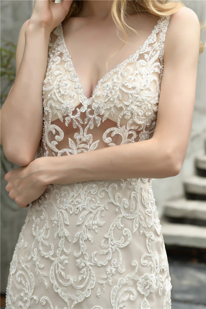 V Neck Mermaid Ivory Wedding Dress with Cascading Ruffles