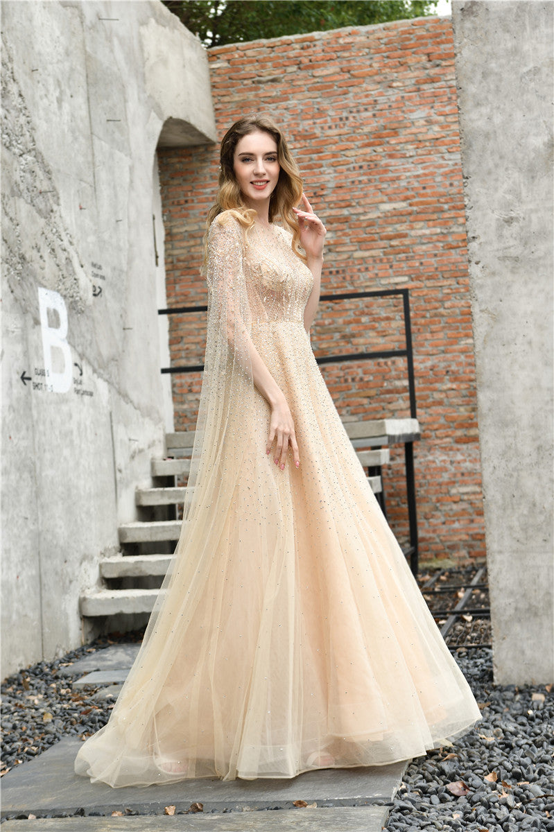 Fast Shipping Princess Long Sleeves Beaded Champagne Wedding Dress –  FancyVestido