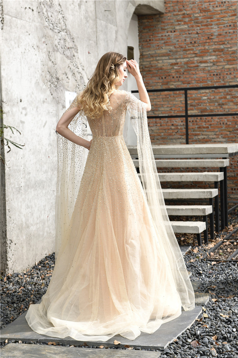 Princess Long Sleeves Beaded Champagne Wedding Dress