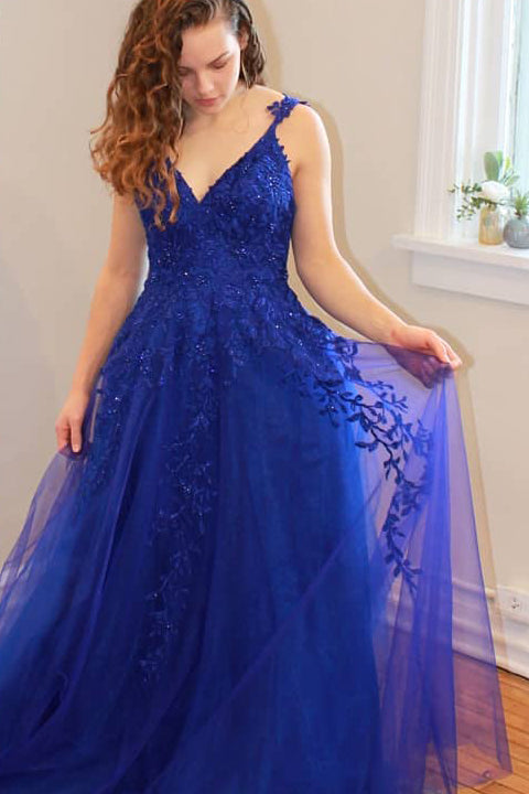 Princess V Neck Dark Blue Long Prom Dress with Lace Appliques