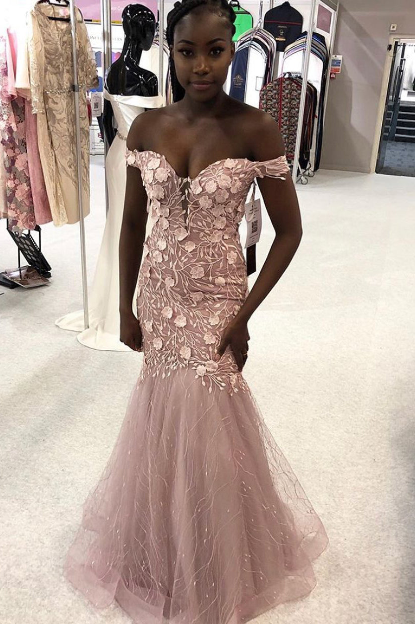 Elegant Off Shoulder Appliques Mermaid Pink Long Prom Dress