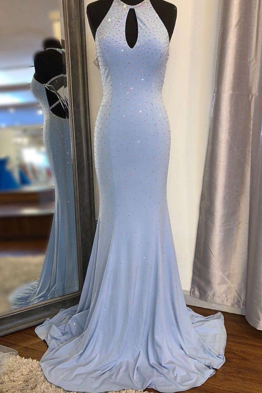 Mermaid See Through Halter Beaded Satin Prom Dress LBQ3835 main image 0