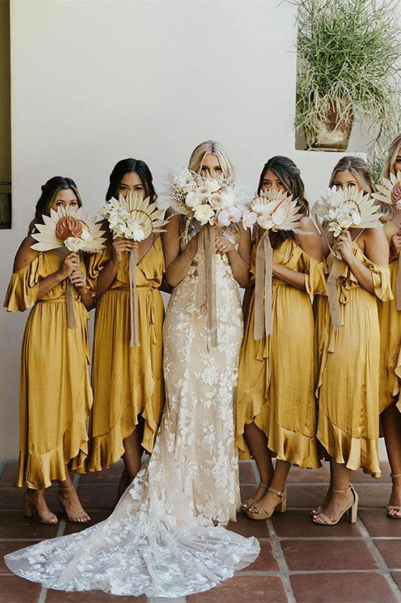 golden yellow bridesmaid dresses Ruffles Cold Sleeves Tea-Length Mustard Yellow Bridesmaid Dress