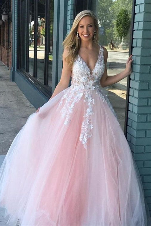 Ball Gown V Neck Pink Prom Dress with White Lace – FancyVestido