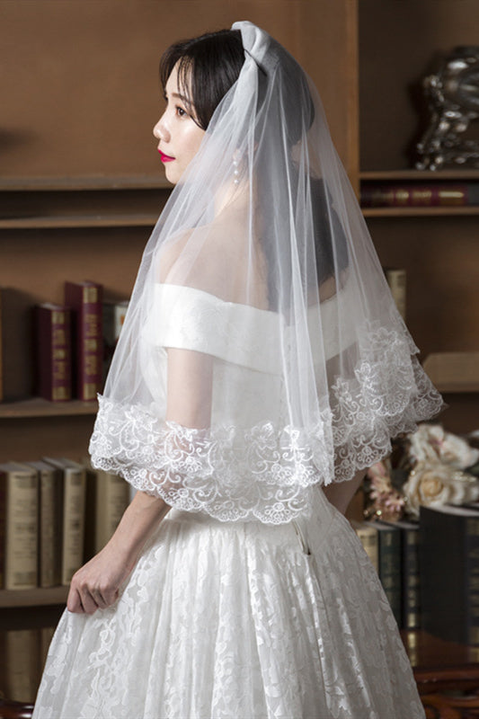Short White Double Layered Lace Edged Veil