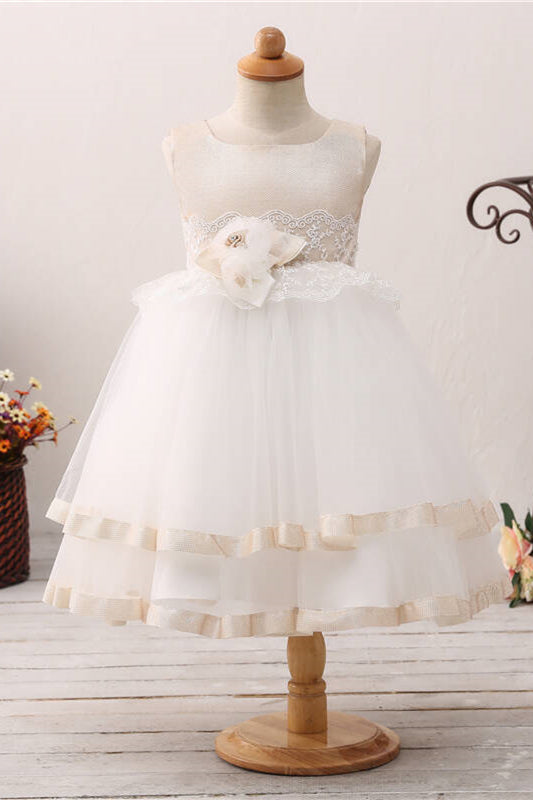 Toddler Lace Applique Champagne and White Flower Girl Dress