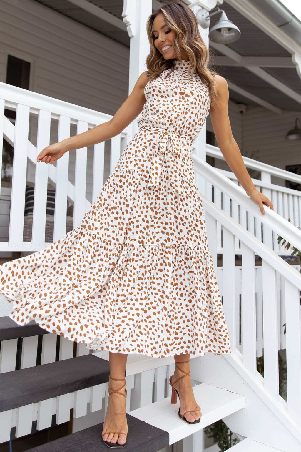 high neck summer dress Free Shipping High Neck Long Dotted Summer Dress with Ribbon – FancyVestido