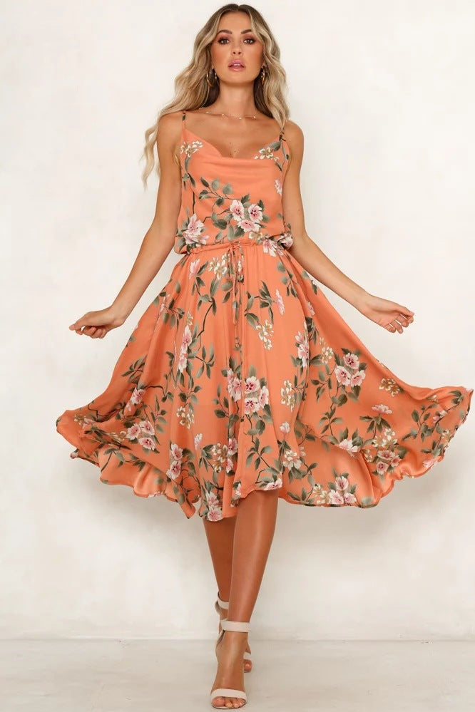 Free Shipping Cowl Neck Orange Floral Summer Dress