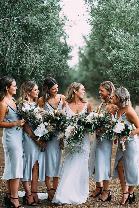 pale blue satin bridesmaid dresses Cowl Neck Tea Length Baby Blue Bridesmaid Dress with Slit