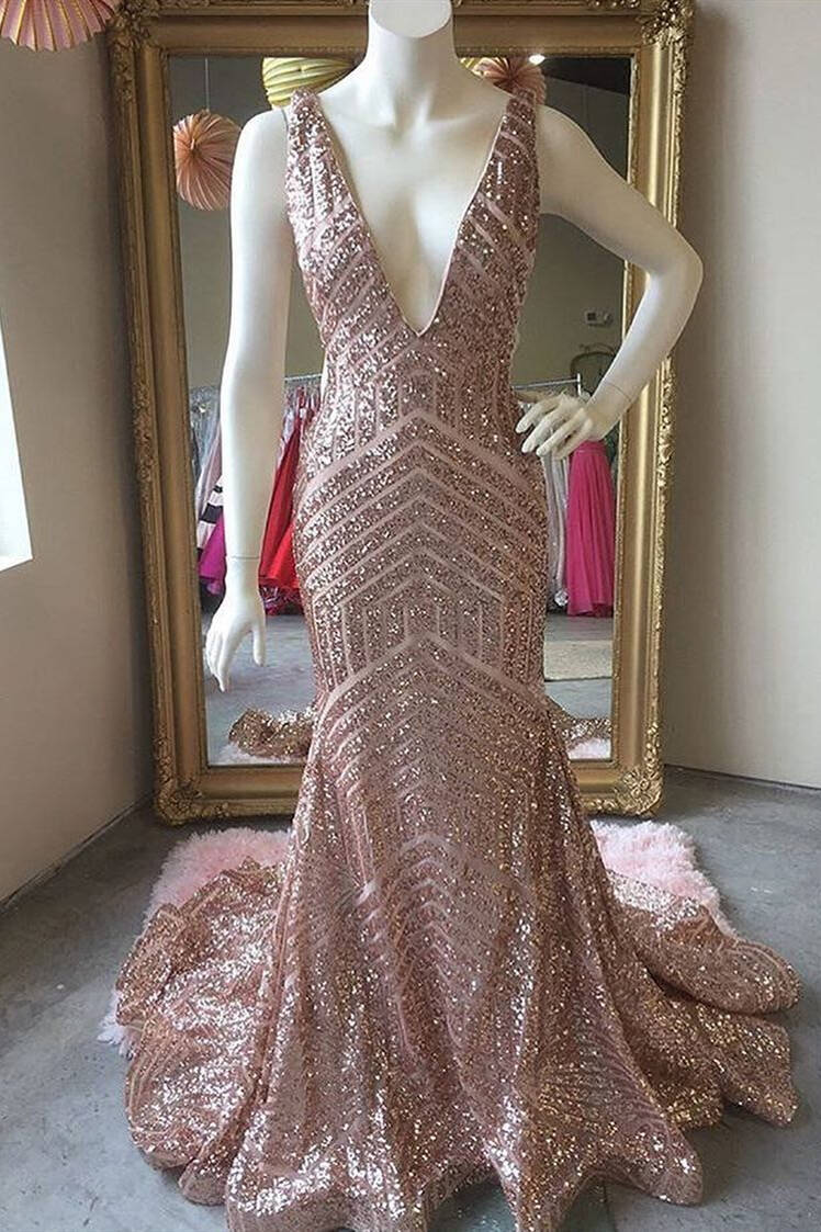 mermaid rose gold prom dress Deep V-Neck Sequins Long Fully Lined Size:S (In-Rental) september-2025 Slate Blue Maxi Dress