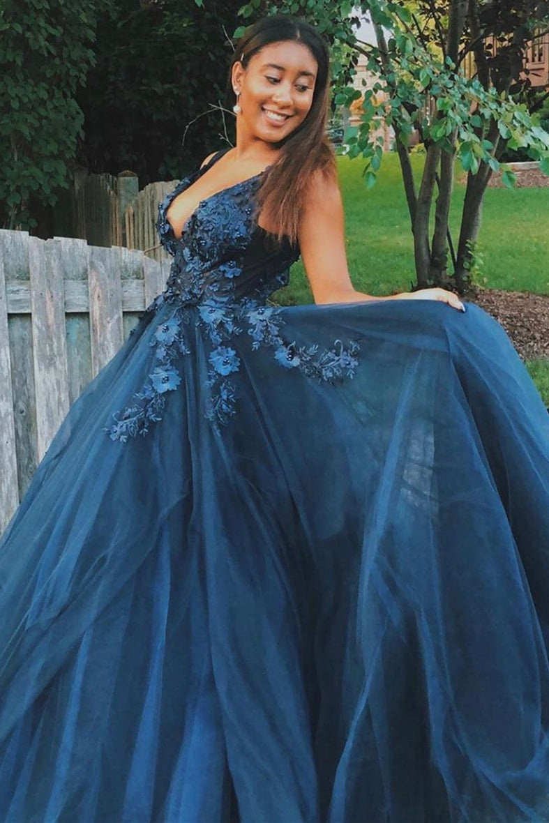 beautiful navy blue prom dresses Halter V-neck Sleeveless Court Train Half Navy Blue Prom Dresses