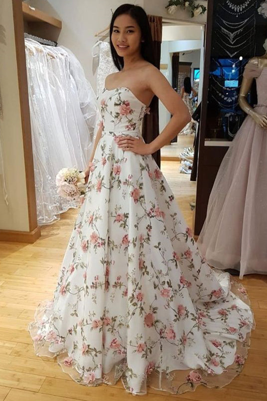 floral strapless prom dress A-Line Strapless Blue Floral Print Long Prom Dresses Blue / 18