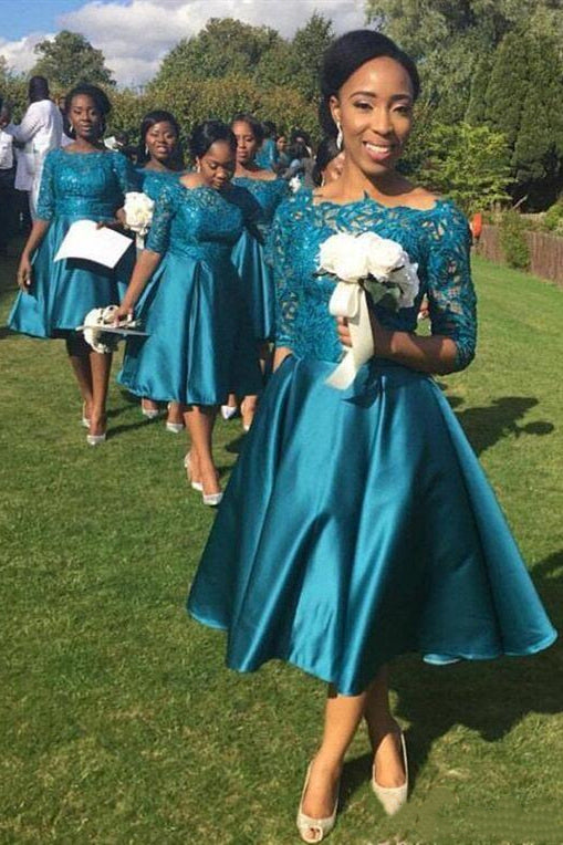 Tea-Length Half Sleeves Dark Turquoise Bridesmaid Dress – FancyVestido
