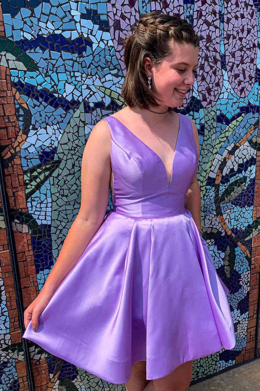 Shiny Short A-line V Neck Lilac Prom Homecoming Dresses main image 0